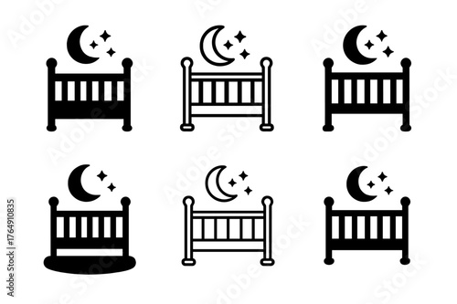 Infant Sleep Logos. Infant sleep. Set Logo of Infant sleep: moon and stars above crib. harmonious logo variations of the same emblematic concept, each with