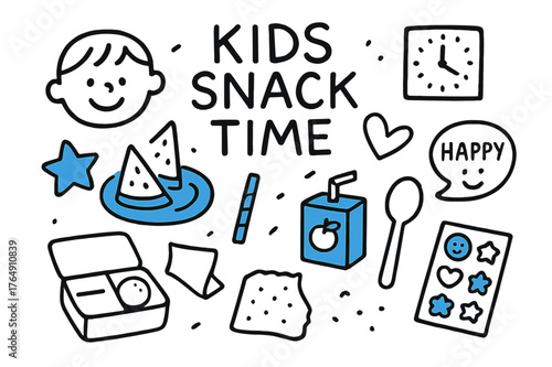Kids Snack Time. // Kids snack time. Hand-drawn doodle illustration Kids snack time [kid face smiling (accented), lunchbox, watermelon sticks (accented), juice