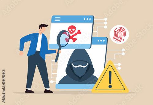 Flat illustration of man investigating cyber threat and digital attacks with magnifying glass