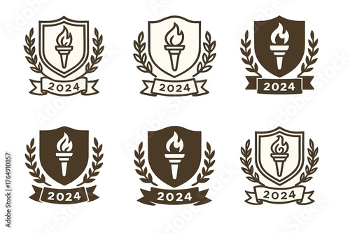 Heritage Crest Variations. Brand storytelling. Set Logo of Brand storytelling: Heritage crest with founding year ribbon. harmonious logo variations of the same