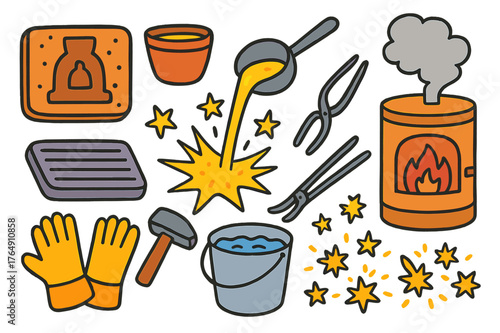 Colorful Metal Casting Doodles. Metal casting. Colorful Hand-drawn doodle Children illustration Metal casting clay mold, molten metal, crucible, ladle,