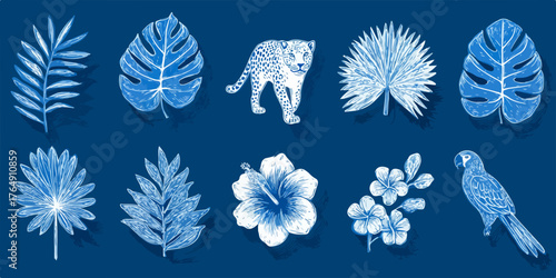 푸른 톤의 잎, 꽃, 동물 그림의 벡터 일러스트레이션은 자연과 예술의 조화를 보여줍니다.