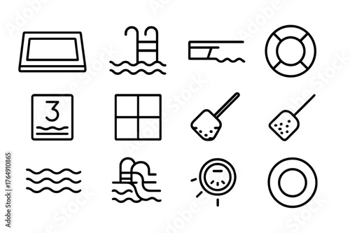 Swimming Pool Icons. Swimming Pool. Line icon set of Swimming Pool: rectangular pool, ladder, diving board, life ring, depth marker, pool tiles, skimmer net,