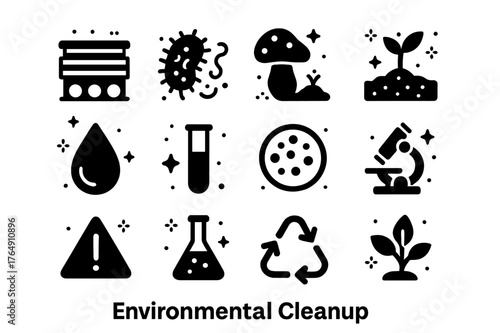 Environmental Cleanup Icons. Environmental Cleanup. Solid icons set of Environmental Cleanup: biofilter, bacteria, fungus, contaminated soil, water droplet,