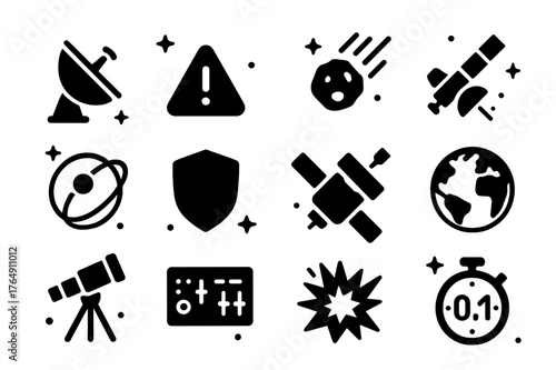 Planetary Defense Icons. Planetary defense and meteors. Solid icons set of Planetary defense and meteors: radar dish, warning alert, asteroid path, laser