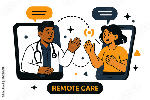 Virtual Healthcare Connection. Healthcare Tech ? Telemedicine. A doctor and patient appear on two screens joined by dotted connection lines; speech bubbles