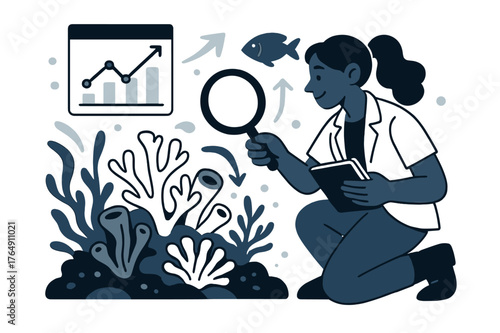 Exploring Marine Biodiversity. Reefs and their importance in marine biodiversity. Marine biologist observing reef with magnifying glass and notebook; abstract