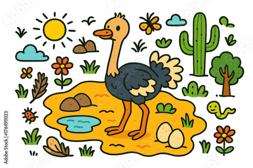 Colorful Desert Ostrich. desert ostrich. Colorful Hand-drawn doodle Children illustration desert ostrich ostrich, sand, cactus, sun, rocks, cloud, grass, eggs,