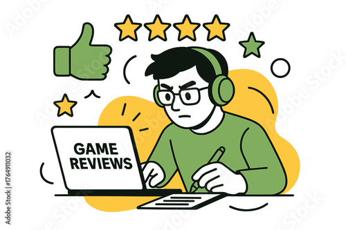 Gamer Review Analysis. Game Reviews. Gamer writing a review on a laptop with floating abstract thumbs-up and rating stars, focused and analytical mood. Modern