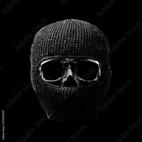 A black and white illustration of a skull wearing a knitted balaclava mask. The artwork combines macabre and urban elements, symbolizing mystery, rebellion, and anonymity.