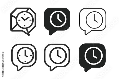 Social Media Logo Variations. Checking social media one last time. Set Logo of Checking social media one last time: an open chat bubble with a clock icon