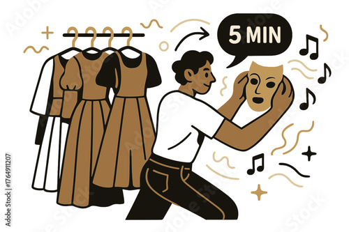 Backstage Amphitheater Scene. Amphitheater ? Backstage Calm. Costumes hang in tidy rows; a stagehand adjusts a mask while a tiny ? min? callout glows. Soft