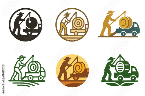 Hay Loading Logos. A farmer loading hay onto a truck to deliver to market. Set Logo of A farmer loading hay onto a truck to deliver to market: round bale being