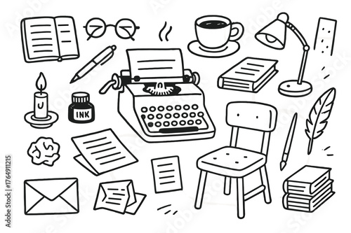 Writer's Desk Doodles. Writer?s desk. Hand-drawn doodle illustration writer?s desk notebook, pen, typewriter, coffee cup, papers, glasses, candle, ink bottle,
