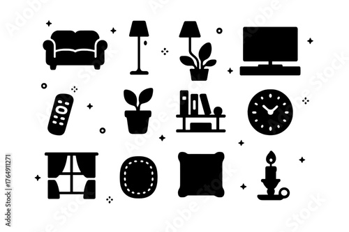 Homey Living Room Icons. Homey Living Room. Solid icons set of Homey Living Room: sofa, coffee table, floor lamp, TV, remote control, house plant, bookshelf,