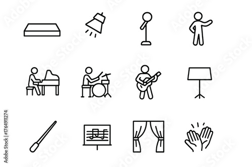Musical Stage Icons. A Musical Theater Cast Rehearsing a Song in Front of a Live Band. Line icon set of A Musical Theater Cast Rehearsing a Song in Front of a