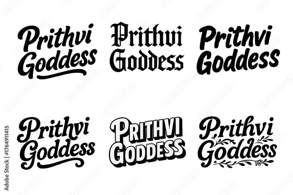 Fototapeta premium Prithvi Lettering Variations. Prithvi Goddess. Set lettering. harmonious lettering variations of the same emblematic concept (Bold hand-lettering with playful