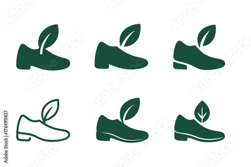 Vegan Shoe Logos. ethical fashion. Set Logo of ethical fashion: vegan shoe with leaf emblem. Icon set. harmonious logo variations of the same emblematic