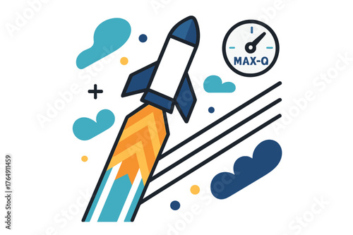 Rocket-Powered Ascent. Rocket-Powered Ascent. Flames stylize into bold chevrons as the craft spears skyward; ?Max-Q? pings on a floating gauge. Contrail