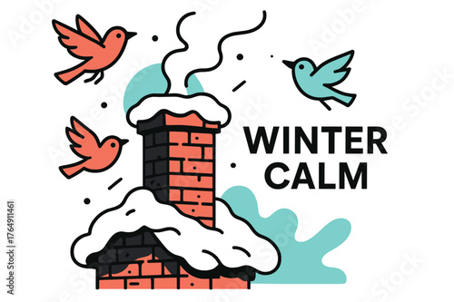 Winter Brick Serenity. Old Brick Chimney. Weathered bricks peek through soft snow layers; snowbirds flutter around as smoke gently rises. ?Winter Calm? floats