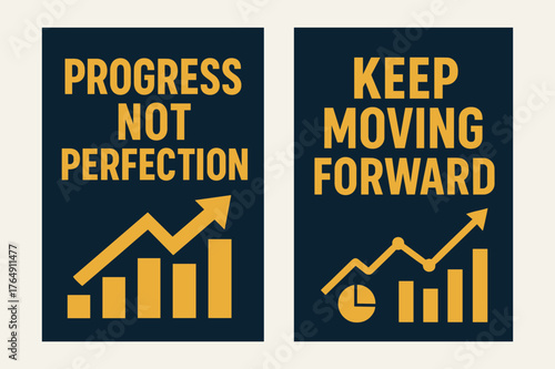 Progress Banners. Progress not perfection. Two vertical A6 banners with safe margins, centered composition, no elements touching edges, bold, navy and gold,