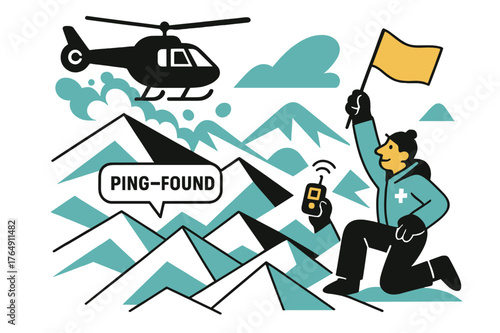 Avalanche Rescue Scene. Avalanche Response. Snow dust plumes as the bird hovers; a rescuer with a beacon waves a bright flag. ?PING?FOUND? blips in a small