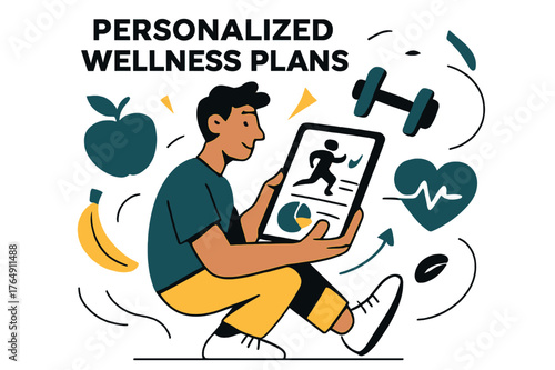 Custom Wellness Tracking. Personalized wellness plans. Person reviewing customized fitness and nutrition charts on tablet; abstract floating icons of fruits,