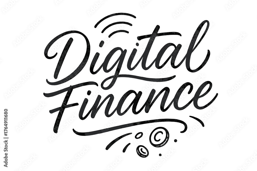 Fototapeta premium Digital Finance Lettering. Digital Finance ? brush script hand-lettering; fluid semi-cursive strokes with thin connectors and fast brush flicks; composition:
