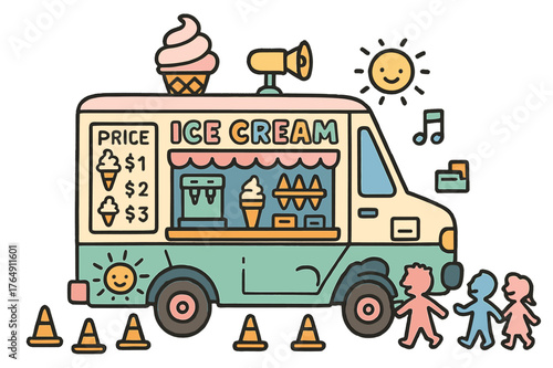 Colorful Ice Cream Truck. Ice cream truck. Colorful Hand-drawn doodle Children illustration Ice cream truck pastel truck, serving window, jingle speaker, price