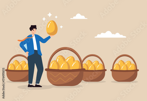 Flat illustration of businessman holding golden egg and filling baskets representing wealth strategy diversification and financial security