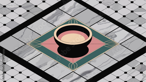 A stylized illustration of a bowl on a decorative tile floor with a diamond pattern design element