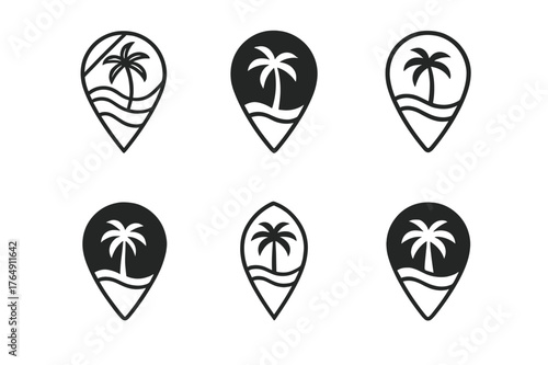 Tropical Island Logo Designs. Island hopping and tropical vacation spots. Set Logo of Island hopping and tropical vacation spots: a map pin with palm tree