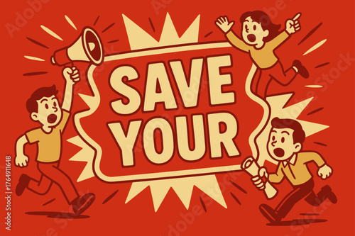 Steps with Savior. Steps with the Savior banner, flat vector illustration, bold oversized text inside sticker outline banner, cartoon characters running and