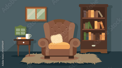 A cozy reading nook with a worn leather armchair a vintage floor lamp and a collection of vibrant patterned throw pillows.
