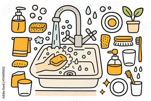 Colorful Kitchen Sink Scene. Sink faucet. Hand-drawn doodle illustration faucet (colored), running water (colored), sink basin (colored), soap dispenser