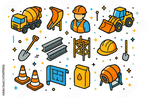 Concrete Pouring Icons. Concrete pouring. Colorful isometric vector icons set of concrete pouring: mixer truck, cement chute, construction worker, wheel