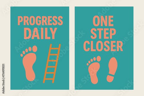 Progress Daily Banners. Progress daily. Two vertical A6 banners with safe margins, centered composition, no elements touching edges, modern, turquoise and