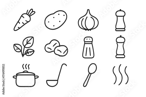 Cooking Ingredients Icons. Cooking ingredients. Line icon set of cooking ingredients: carrots, potatoes, onions, garlic, herbs, meat chunks, salt shaker,