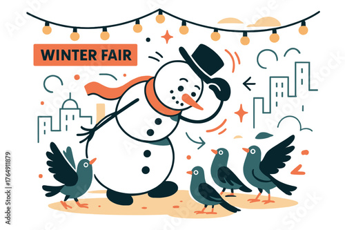 Snowman Winter Fair. Snowman ? City Square. Minimal skyline, string lights above; a snowman entertains pigeons with a jaunty bow. Banner reads ?winter fair?.