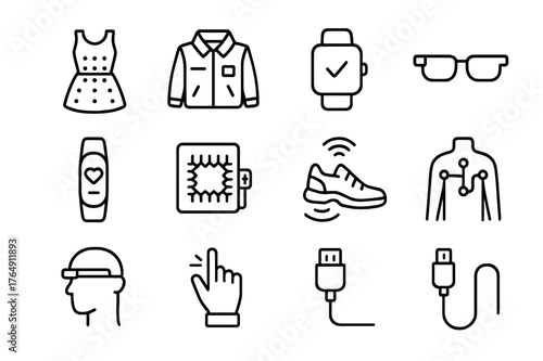 Wearable Tech Icons. Wearable innovations. Line icon set of wearable innovations: LED dress, smart jacket, smartwatch, smart glasses, fitness