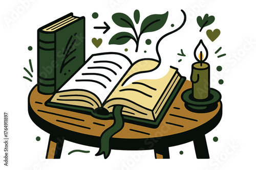 Cozy Reading Nook. Antique Books ? Reading Nook. An open book rests on a wooden table; candlelight curves across the pages. A bookmark ribbon flows like a soft