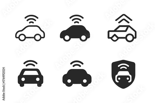 Abstract Car Logos. Autonomous Vehicles. Set Logo of Self-Driving Car: Minimal outline, Filled silhouette, Abstract geometric, Negative space, Flat solid,