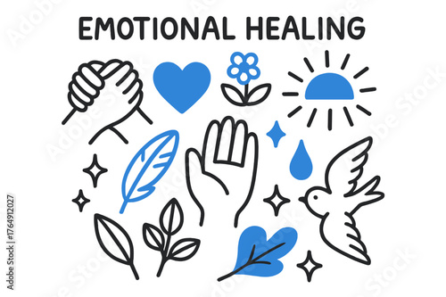 Healing Symbols Doodle. // Emotional healing. Hand-drawn doodle illustration Emotional healing [hands clasped (accented), heart (accented), flower sprout