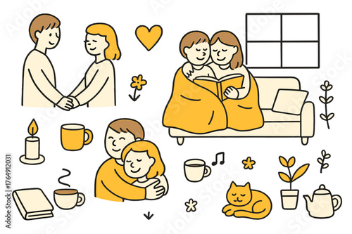 Cozy Couple Moments. Tender moments. Hand-drawn doodle illustration couple holding hands (colored), coffee mugs (colored), cozy blanket (colored), heart symbol