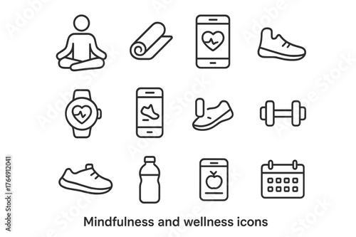 Mindfulness Icon Set. Mindfulness and wellness. Line icon set of mindfulness and wellness: meditation icon, yoga mat, smartphone, fitness app interface, heart