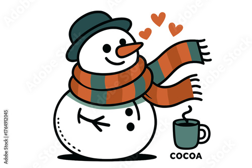Cozy Snowman Scene. Snowman ? Cozy Scarf. The snowman wraps a long striped scarf; little hearts puff like warm breath. A mug icon steams beside a tiny ?cocoa?