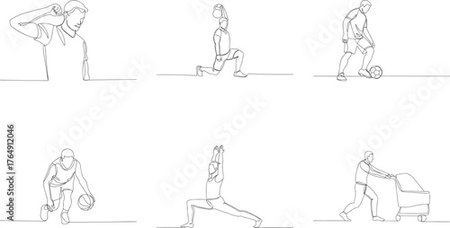 Diverse Activities Single Line Drawings Showing Sports Fitness Shopping and Everyday Life Illustration