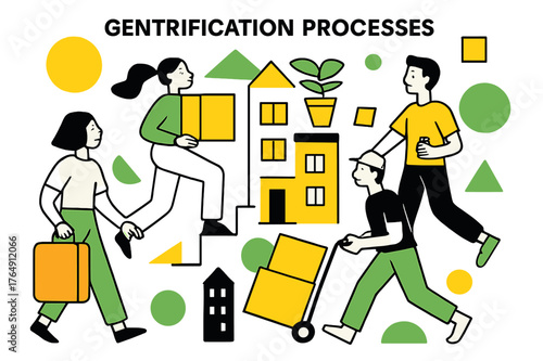 Modern Urban Transformation. Gentrification Processes. People moving into renovated apartments with floating abstract geometric shapes and building icons,