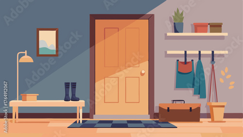 A clean and clutterfree entryway with a wooden bench a coat rack and a woven basket for shoes.