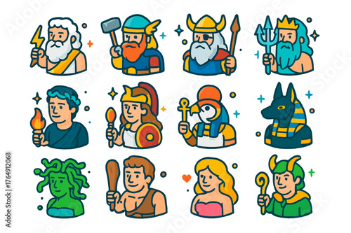 Mythical Gods Icons. Gods of myth. Colorful isometric vector icons set of gods of myth: Zeus, Thor, Odin, Poseidon, Hades, Athena, Ra, Anubis,